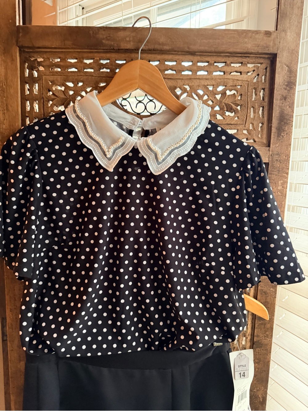 Faith and Joy Black Polka Dot Blouse with White Lace Peter Pan Collar